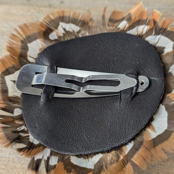 Genuine Feather Hair Clip Handmade Brown White Flapper Pheasant Snap Barrette - Picture 5 of 7